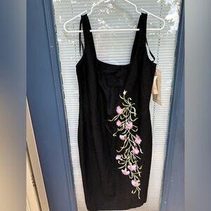 Vintage nwt linen cotton skinny strap fitted size 8 dress flower embroidery
